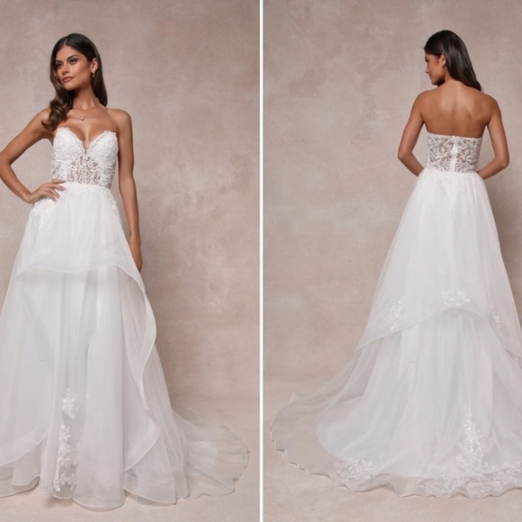LULU's Bridal Wedding Floral Embroidered Elegant Strapless Bustier Aline Gown - Picture 4 of 4